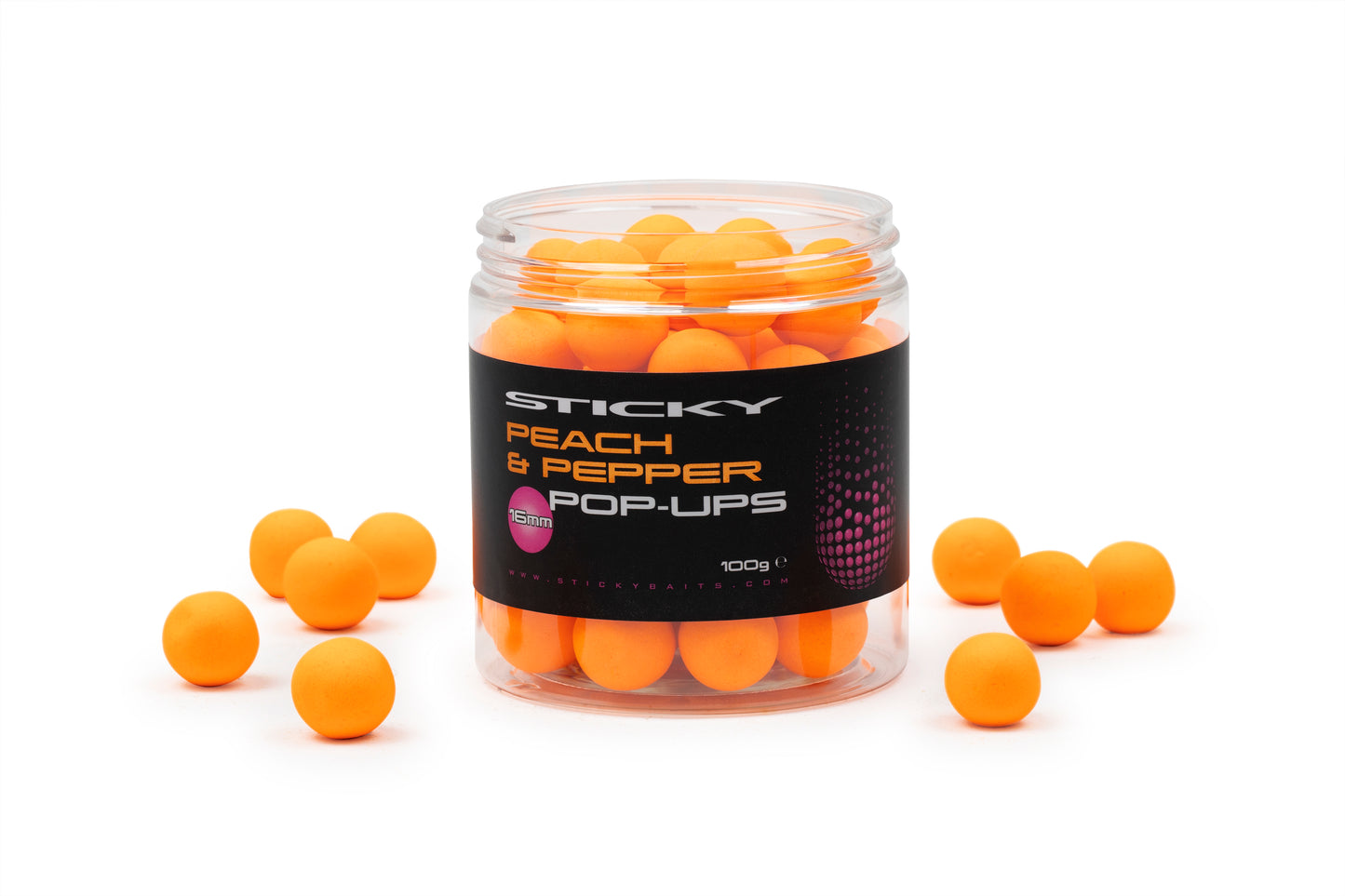 STICKY BAITS STICKY BAITS Peach & Pepper Pop-Ups 100g Pot - Parkfield Angling Centre